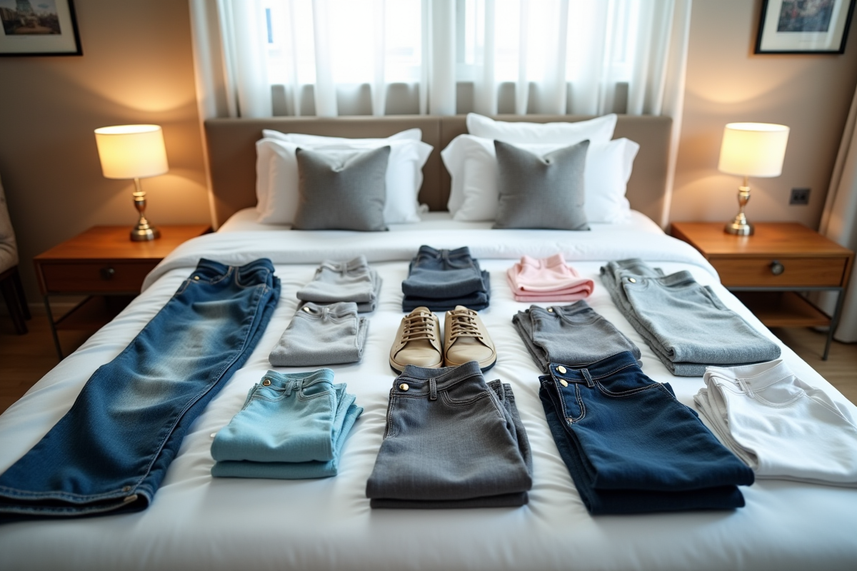 Lit avec vêtements essentiels et accessoires dans une chambre lumineuse