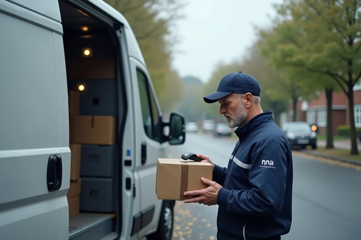 Livreur GLS scannant un colis devant son camion dans une rue résidentielle française