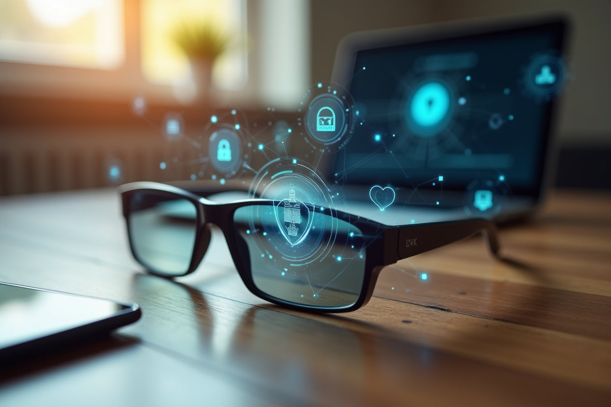 Lunettes AR sur une table en bois avec smartphone et icônes de cybersécurité