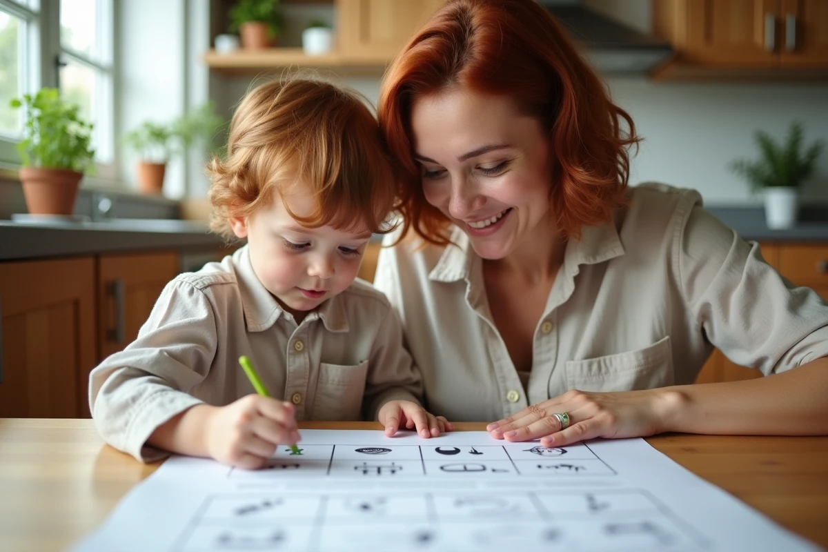 Maman aidant son enfant à compléter une fiche pédagogique sur les noms des Télétubbies à la table de cuisine