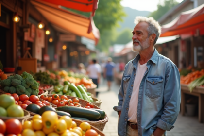 Homme d'âge moyen au marché de légumes frais