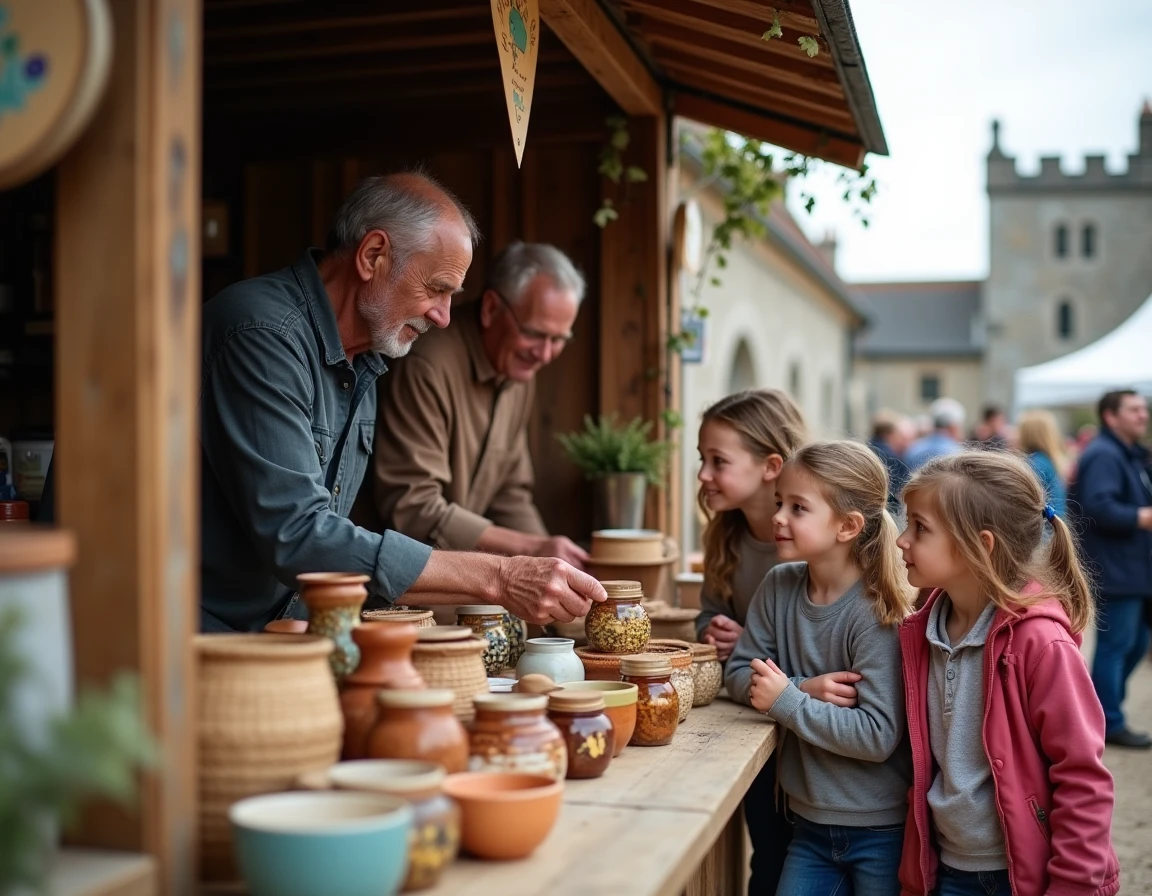 Grands-parents et enfants découvrant un marché artisanal lors d'une fête de village en Bretagne