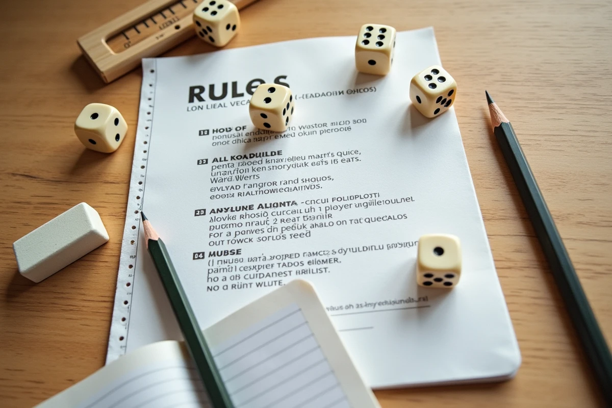 Vue en plongée d'une table scolaire avec dés du jeu 421, fiche de règles imprimée et carnet de scores