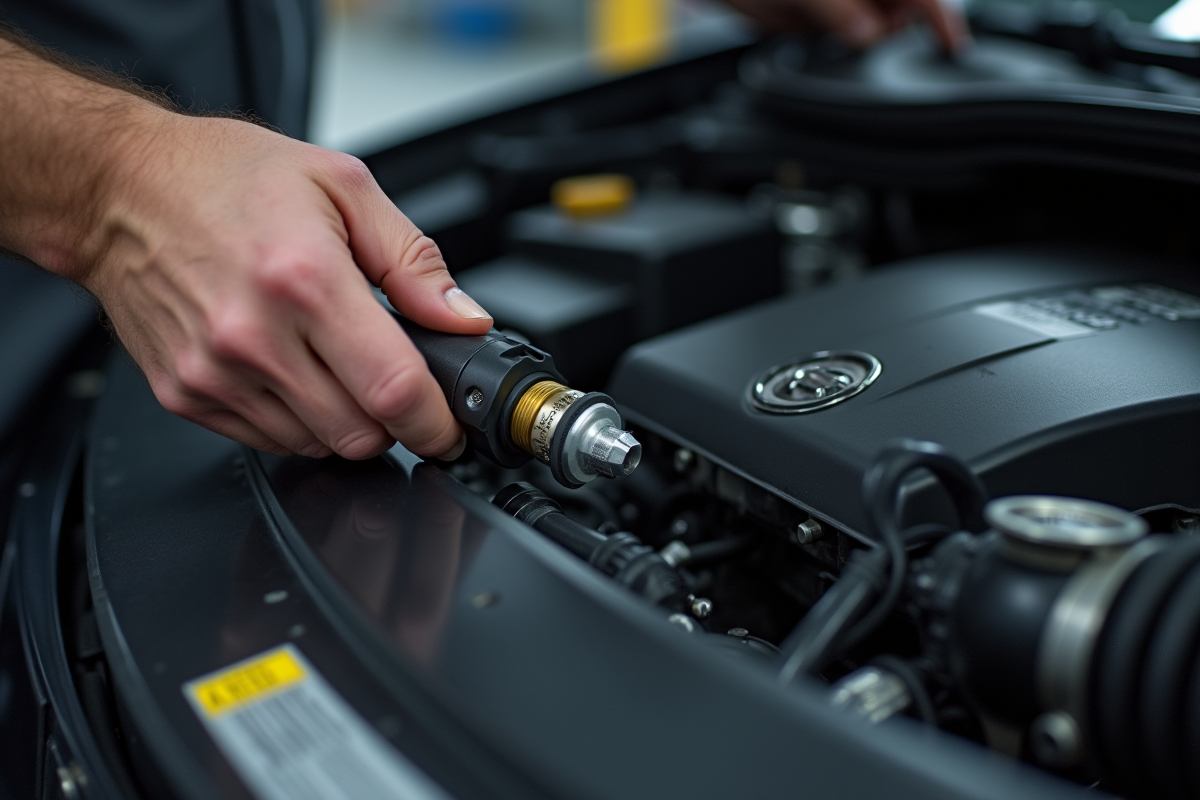 Mécanicien connectant un capteur dans le compartiment moteur
