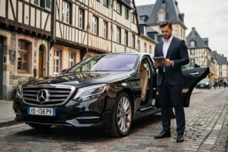 Un chauffeur VTC professionnel en costume sombre se tient près d'une berline noire dans les rues historiques de Rennes, en Ille-et-Vilaine