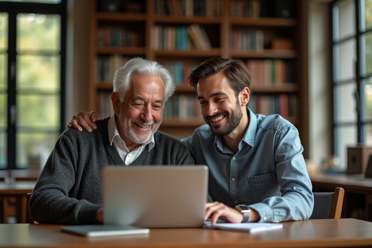 Mentorat entre un homme âgé et un jeune homme dans une bibliothèque