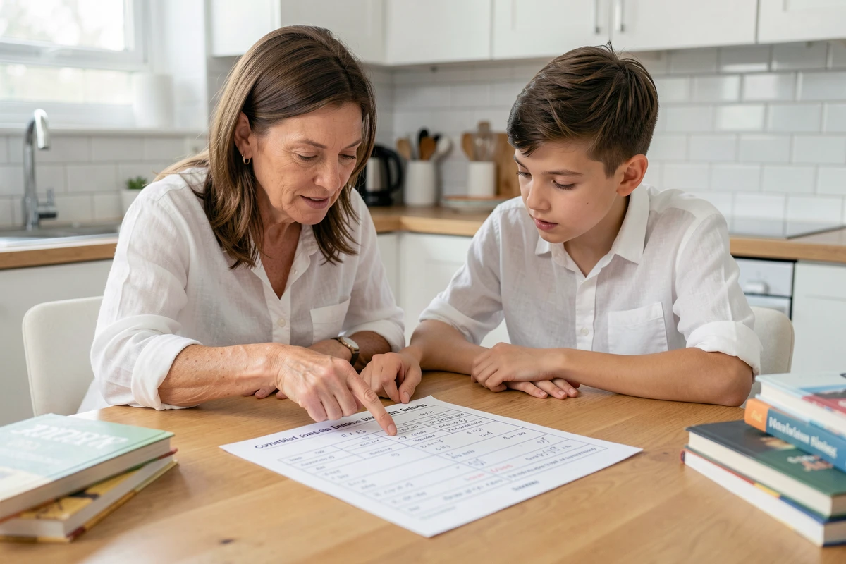 Mère aidant son fils à comprendre un tableau de conversion m3 pour les devoirs de mathématiques dans la cuisine