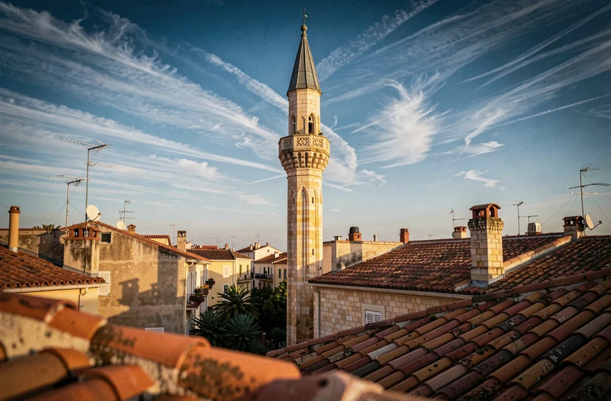 Minaret d'une mosquée du quartier 13015 de Marseille se détachant sur le ciel bleu au-dessus des toits typiques de la ville