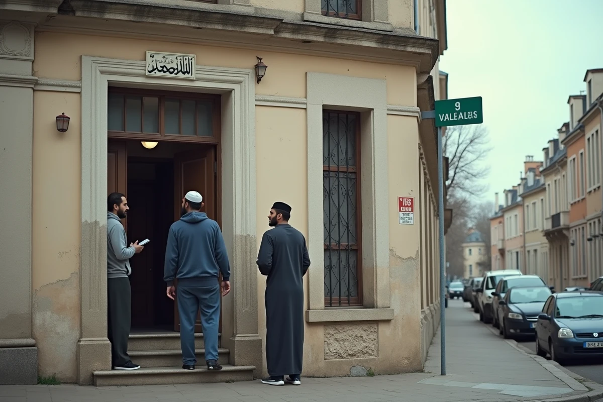 Fidèles devant une mosquée de Vénissieux après la prière du soir pendant le Ramadan 2026