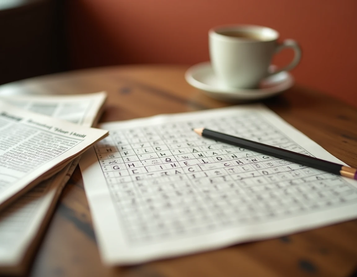 Grille de mots croisés avec lettres manuscrites et crayon sur une table de café en bois