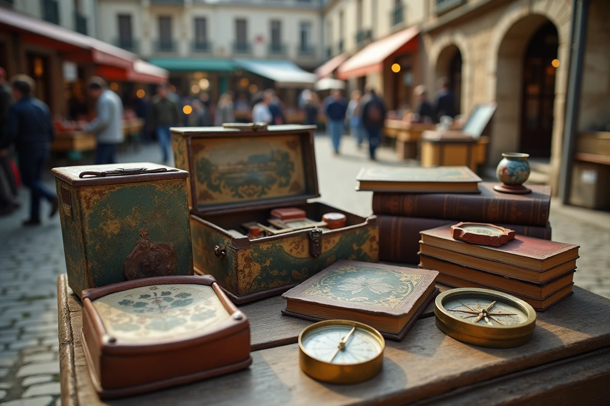 Objets de brocante anciens disposés sur une table en bois lors d'un vide-grenier dans le Morbihan