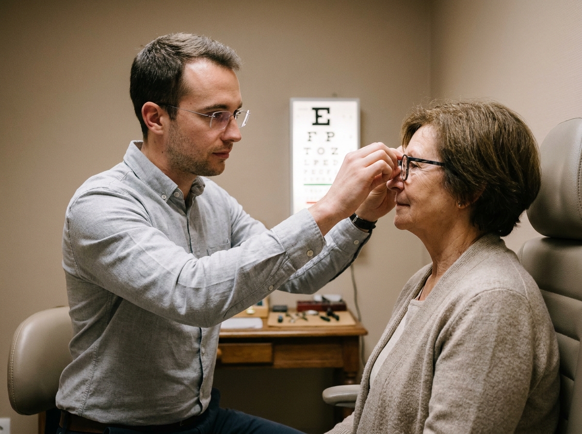Opticien indépendant réglant des lunettes sur une cliente âgée dans son cabinet à Saône