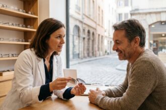 Opticienne indépendante conseillant un client dans une boutique de lunettes à Lyon