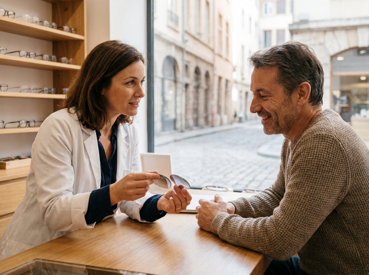 Opticienne indépendante conseillant un client dans une boutique de lunettes à Lyon