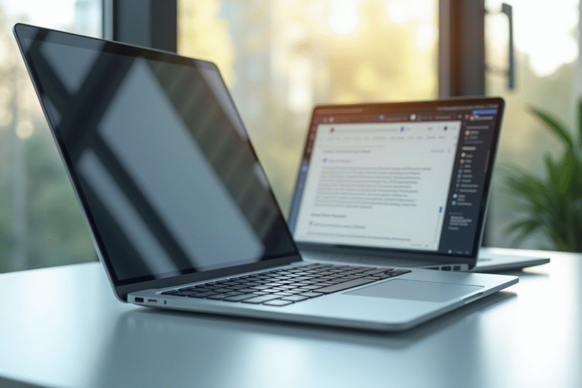 Ordinateur portable moderne sur un bureau lumineux avec email
