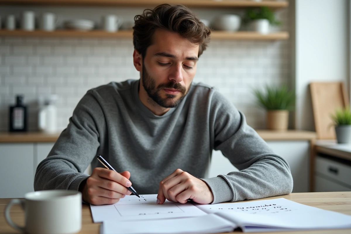 Homme consultant un formulaire bancaire pour orthographier correctement deux mille cinq cents euros en lettres
