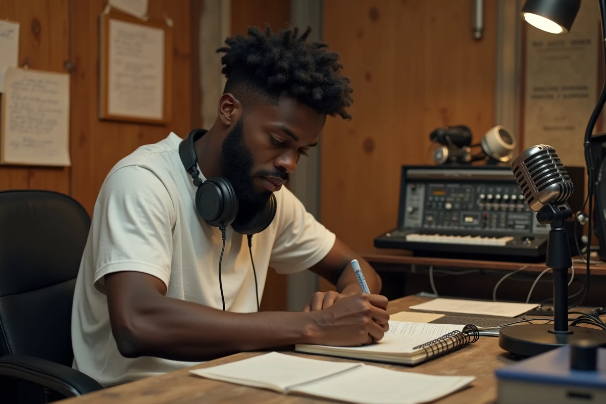 Rappeur underground en train d'écrire des paroles dans un studio maison encombré, ambiance créative et authentique du rap français indépendant