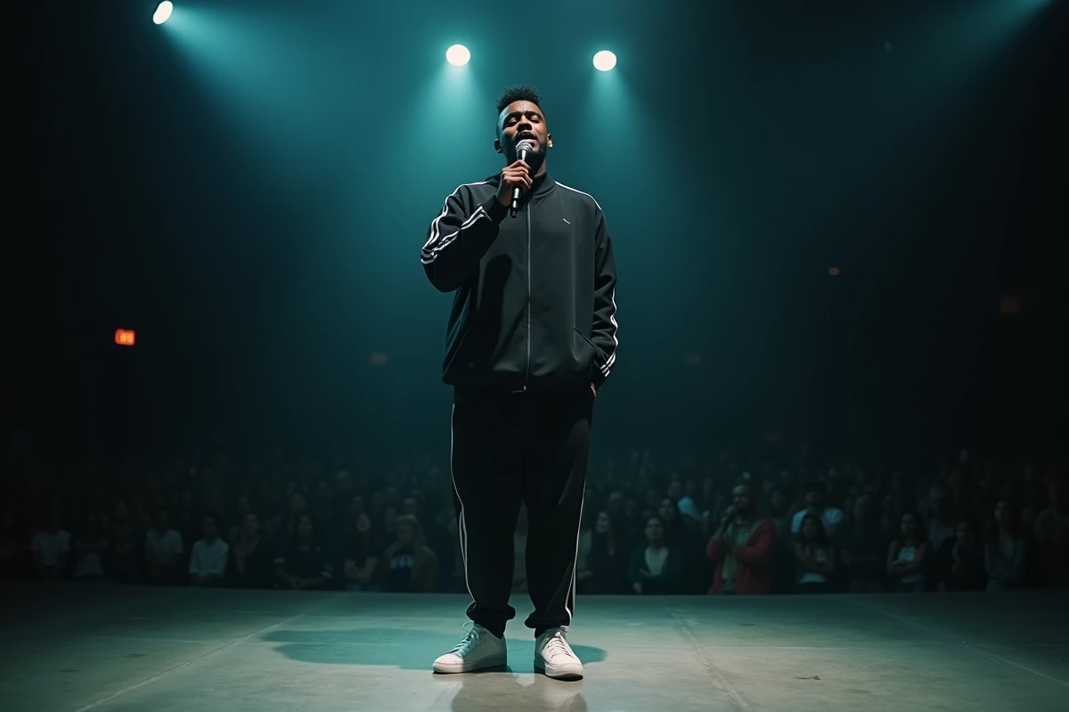 Rappeur sur scène dans une salle underground tenant un micro les yeux fermés, performance intense et authentique représentant le rap français alternatif