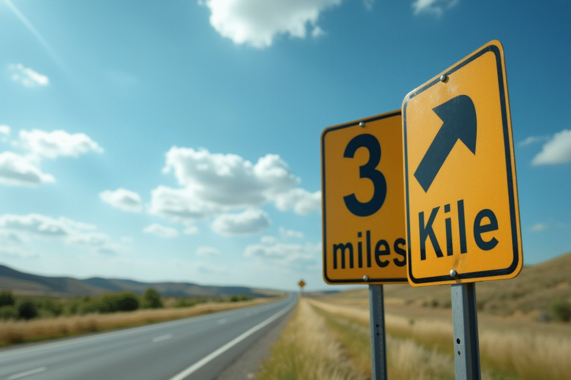 Panneau routier montrant 3 miles et équivalent en km