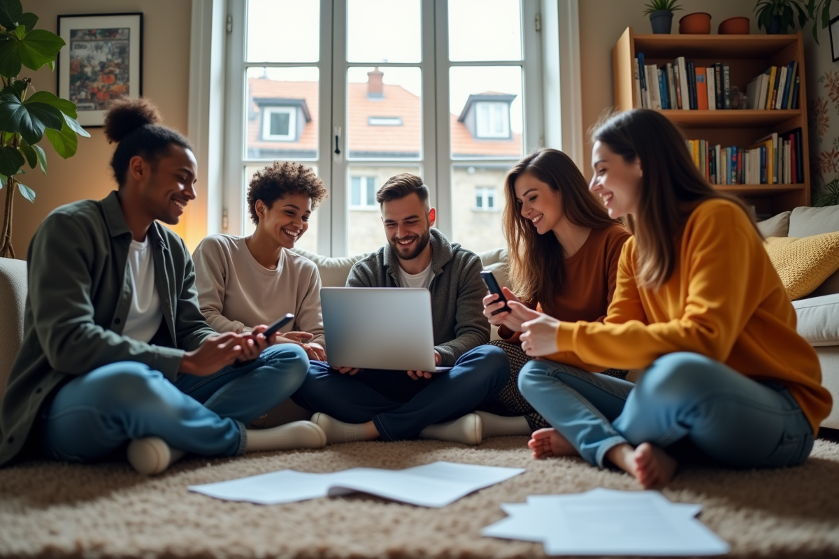 Quatre colocataires utilisant une application pour partager leurs dépenses