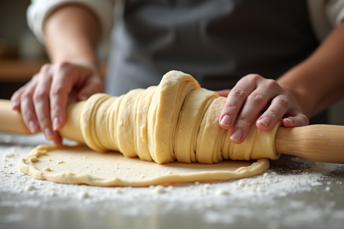 Mains roulant la pate feuilletée pour croissants