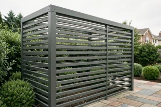 Pergola moderne avec barreaux en aluminium anthracite formant un brise-vue dans un jardin paysagé