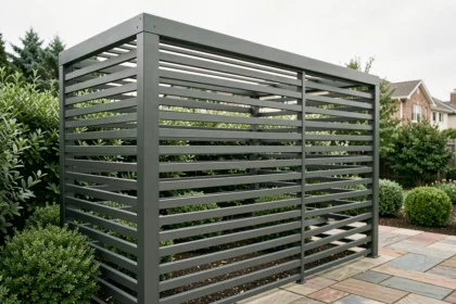 Pergola moderne avec barreaux en aluminium anthracite formant un brise-vue dans un jardin paysagé