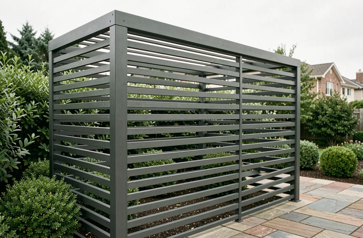 Pergola moderne avec barreaux en aluminium anthracite formant un brise-vue dans un jardin paysagé