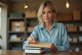 Femme pesant une lettre internationale sur une balance postale au guichet d'un bureau de poste