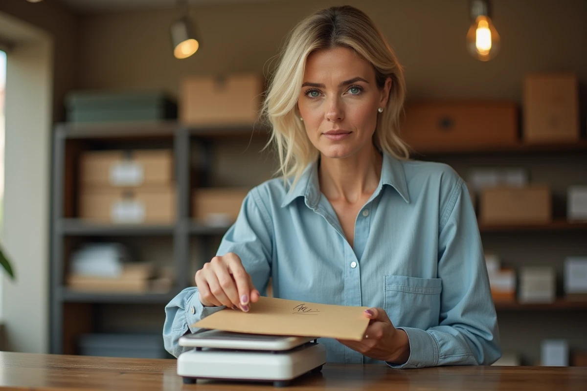 Femme pesant une lettre internationale sur une balance postale au guichet d'un bureau de poste