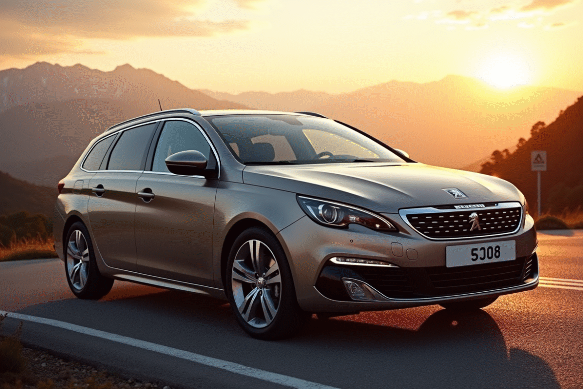 Peugeot 308 SW au lever du soleil en montagne