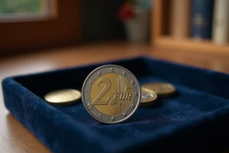 Pièce de 2 euros rare posée sur un plateau en velours de collectionneur, détails d'engravement visibles en gros plan