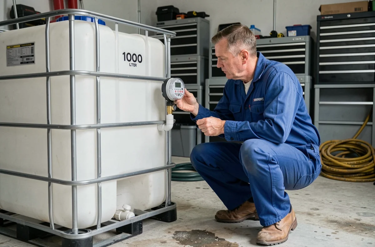 Plombier mesurant le volume d'eau dans un réservoir IBC de 1000 litres dans un garage domestique