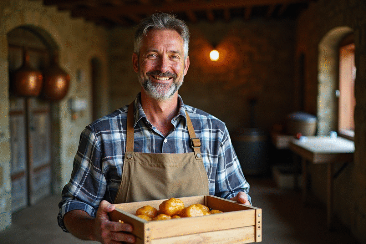 Producteur de foie gras homme souriant en ferme rustique