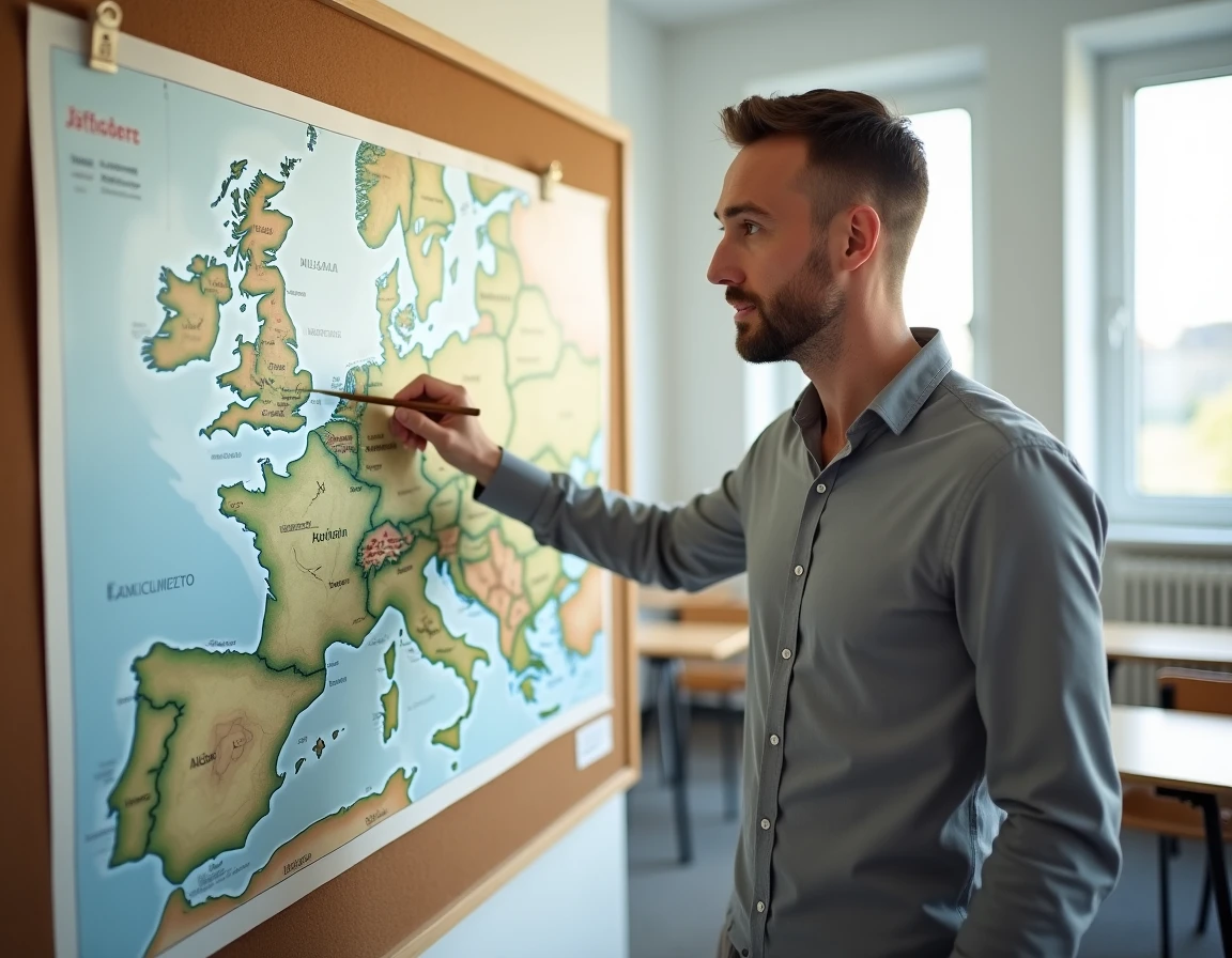 Professeur de géographie expliquant le tracé du Danube sur une carte devant ses élèves