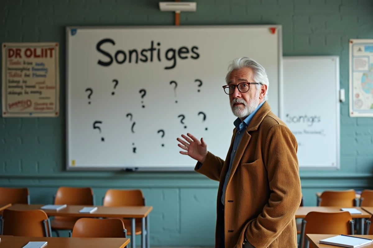 Professeur de linguistique expliquant les options de traduction du mot allemand Sonstiges sur un tableau blanc universitaire
