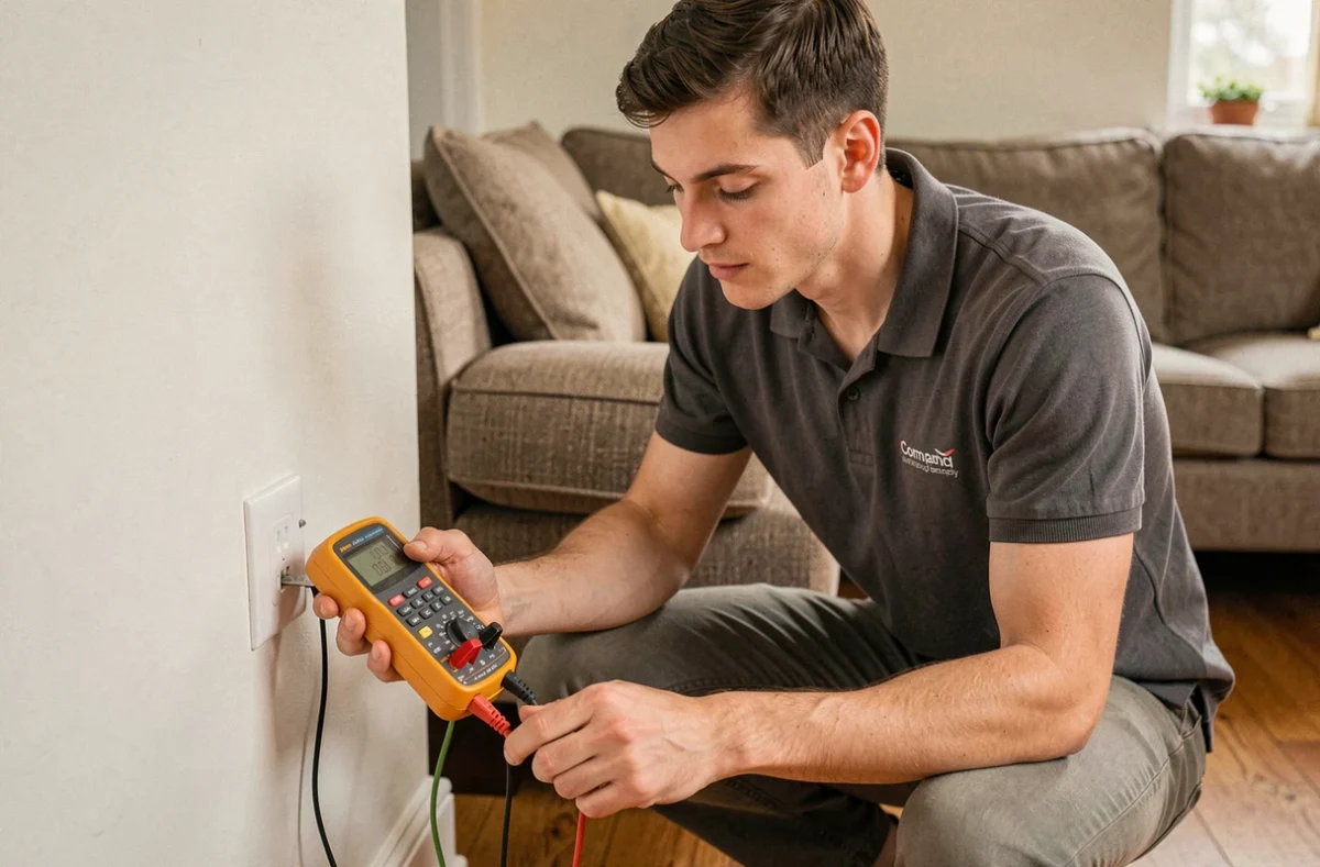 Technicien de Proxiserv Normandie testant une prise électrique dans un salon de maison normande