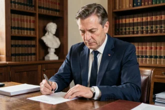 Homme français en costume remplissant un quiz d'orientation politique républicaine dans un bureau administratif classique