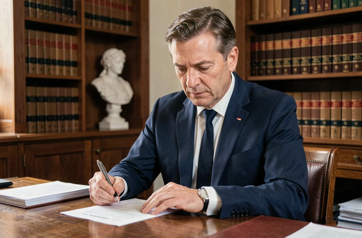 Homme français en costume remplissant un quiz d'orientation politique républicaine dans un bureau administratif classique