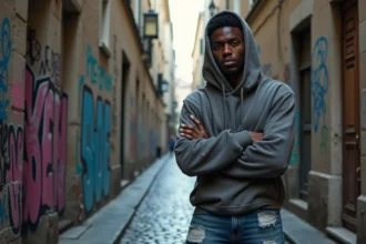 Jeune rappeur français en hoodie vintage dans une ruelle parisienne taguée, regard introspectif évoquant l'univers underground du rap francophone