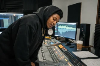 Rappeur en studio d'enregistrement penché sur une console de mixage professionnelle avec des notes de paroles manuscrites