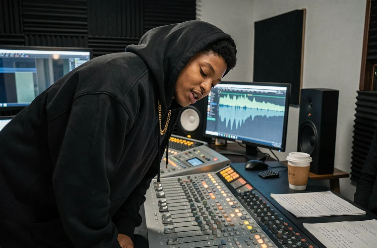 Rappeur en studio d'enregistrement penché sur une console de mixage professionnelle avec des notes de paroles manuscrites