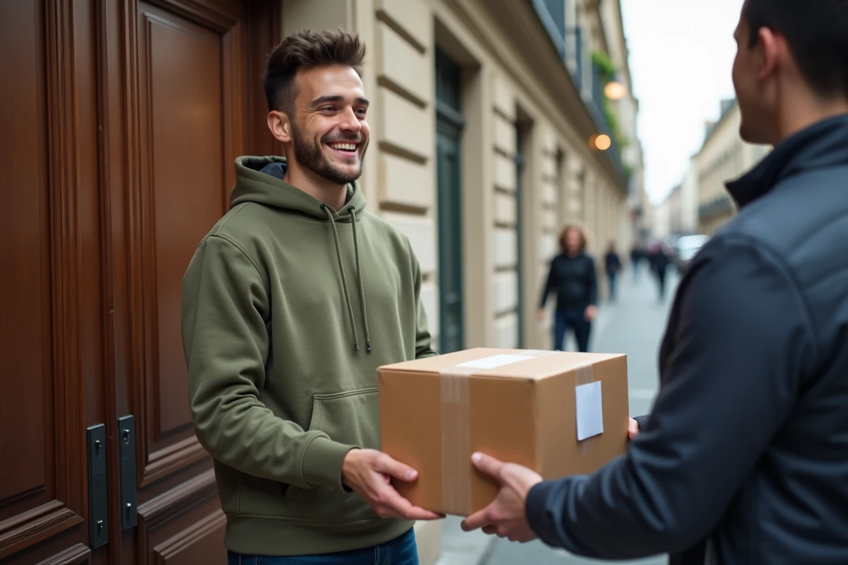 Homme recevant un colis GLS à la porte de son immeuble parisien avec sourire de satisfaction