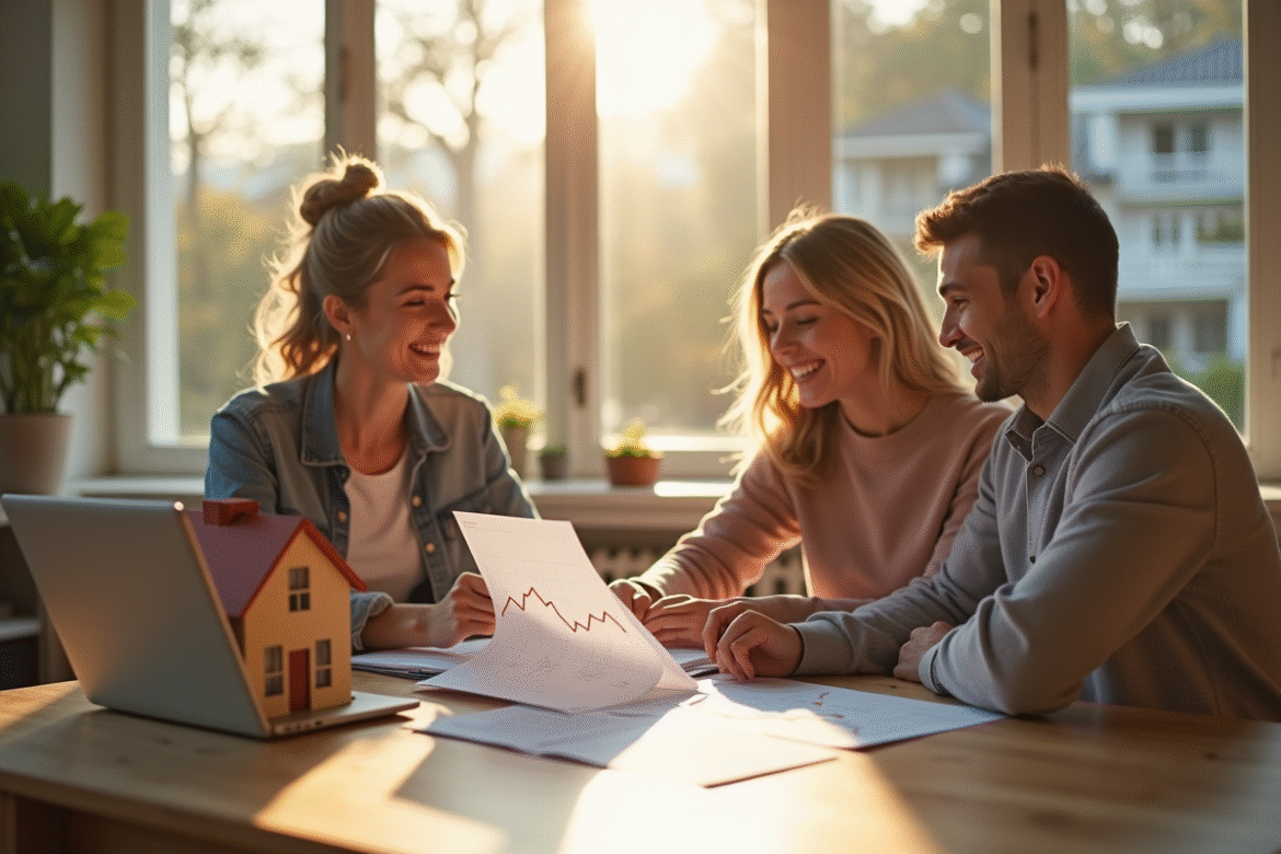 Jeune couple et agent immobilier discutant de prêt immobilier