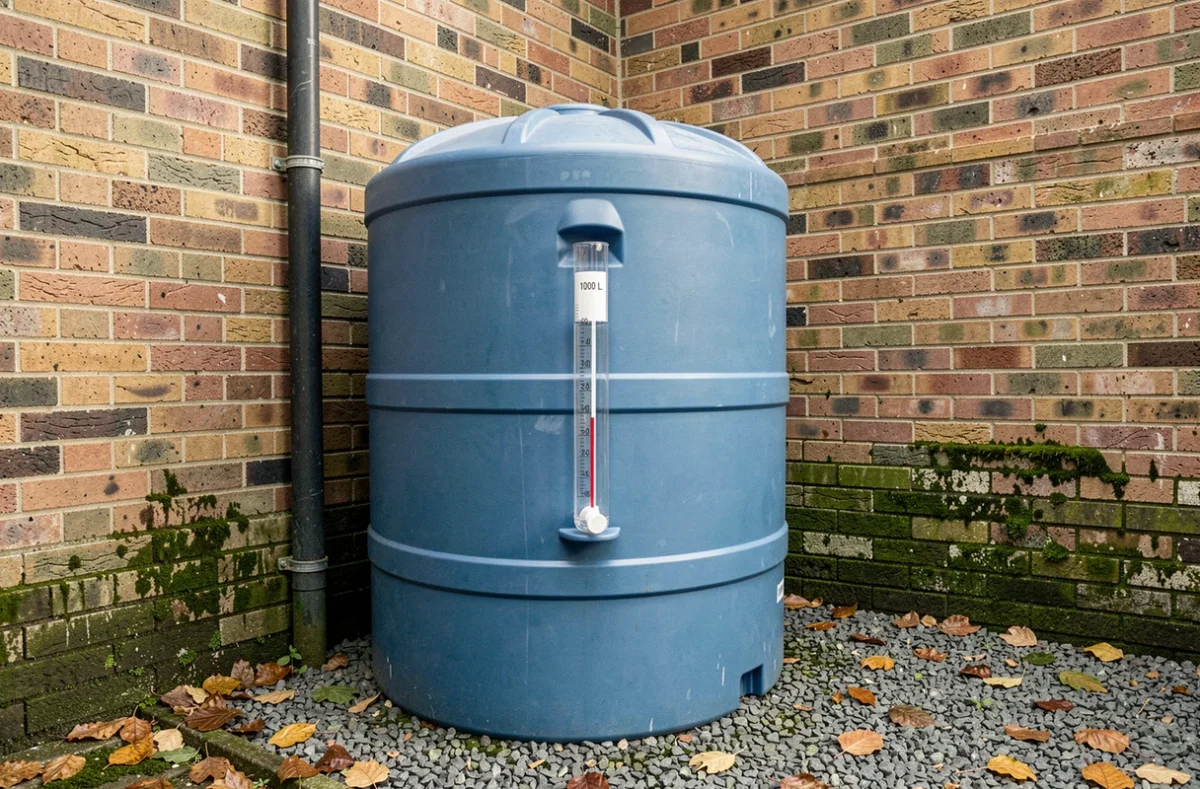 Réservoir de récupération d'eau de pluie de 1000 litres installé dans un jardin résidentiel