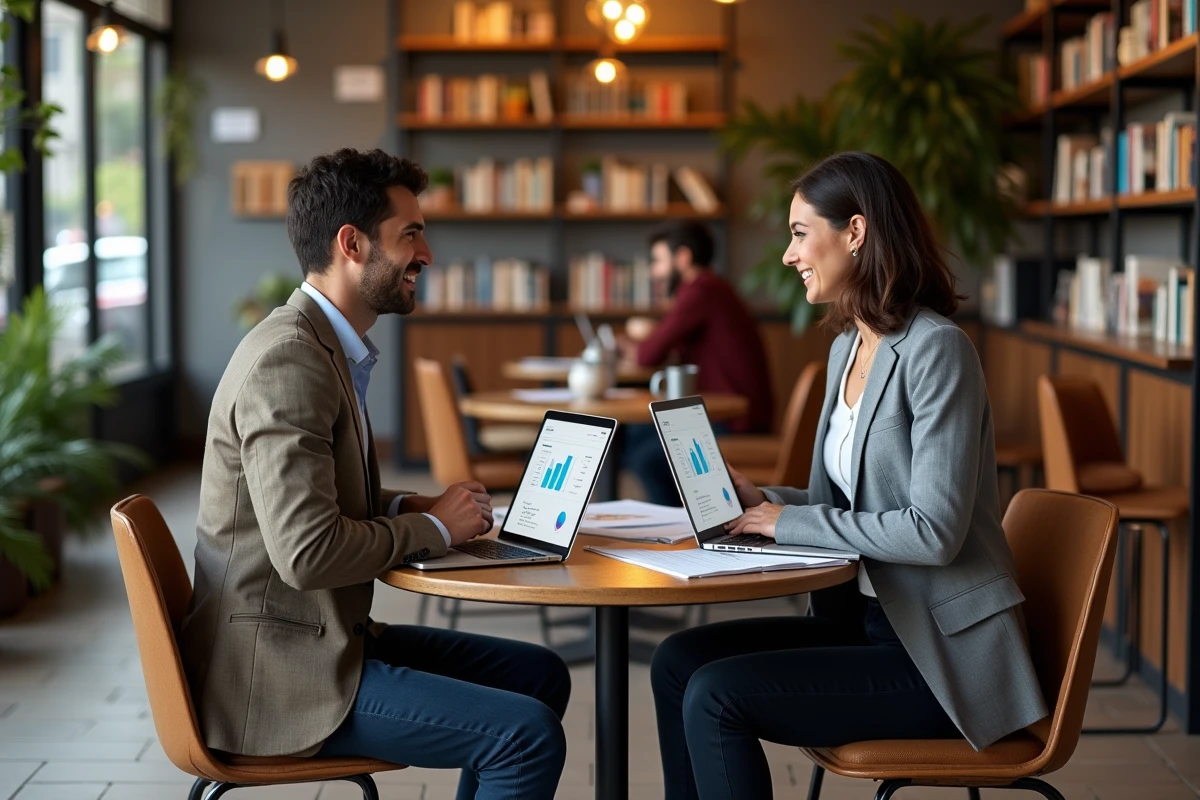 Deux professionnels discutant de rapports comparatifs de sites web concurrents dans un café urbain