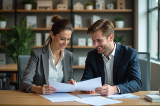 Femme d'âge moyen et jeune homme en réunion immobilière