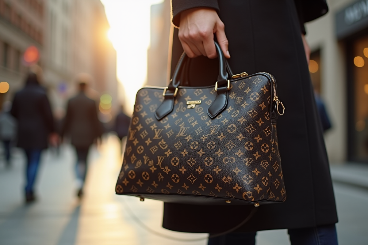 Sac de designer avec logo tenu en main en ville