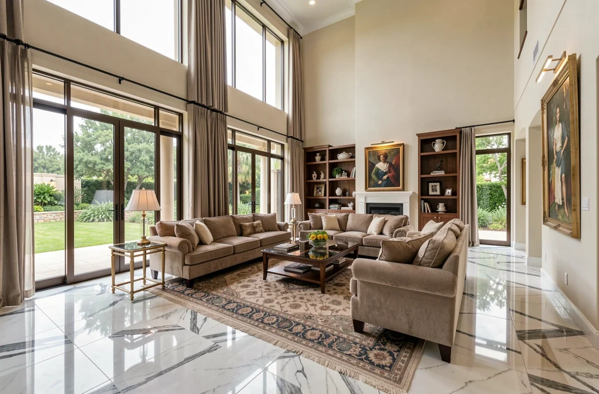 Salon spacieux d'une villa de luxe avec haut plafond et baies vitrées
