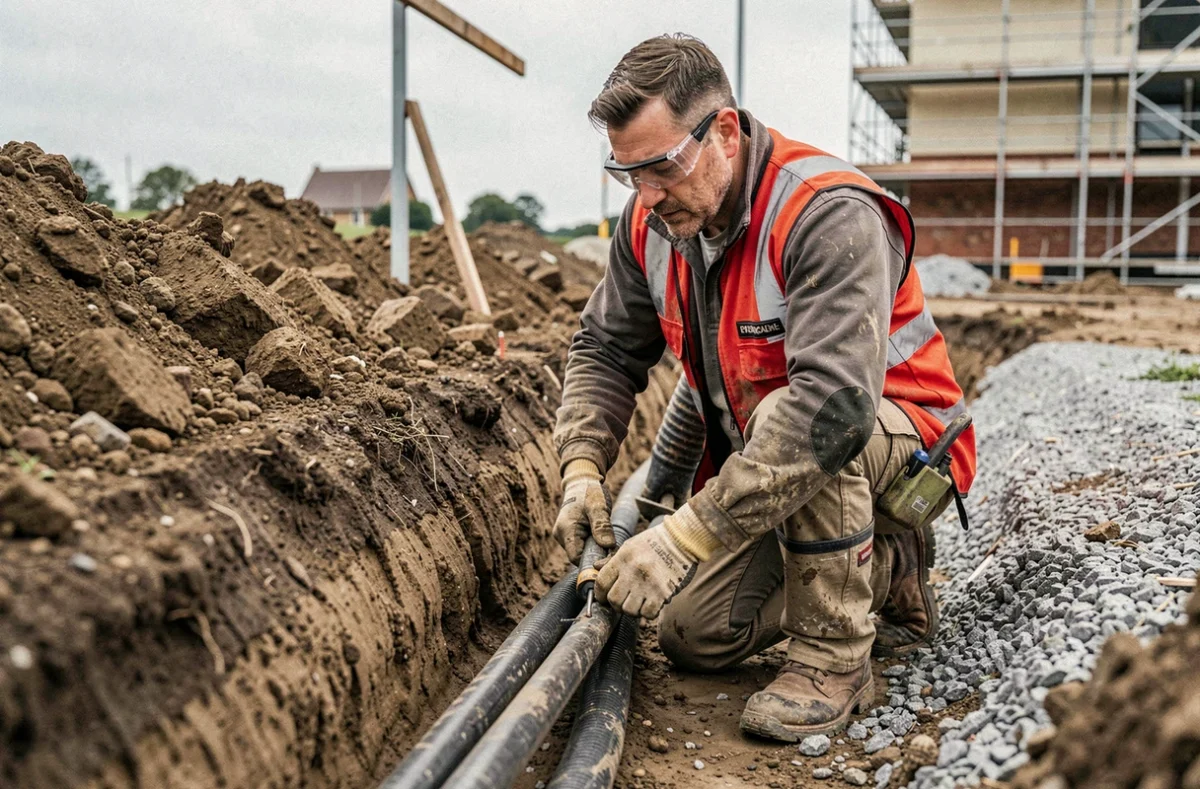 Électricien de Santerne Normandie posant des gaines souterraines sur un chantier normand